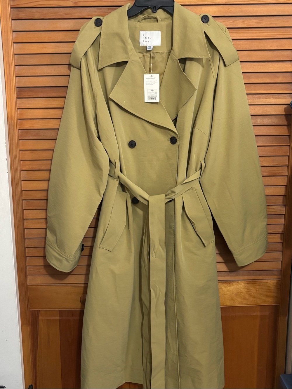 a new day Olive Green Double-Breasted Trench Coat with Belt